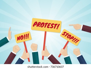 Crowd of hands holding protest signs and fists. Vector illustration