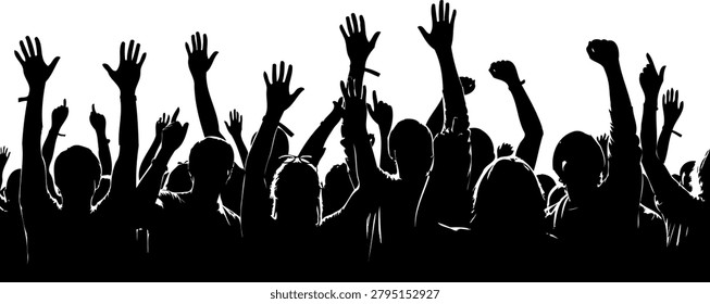 Crowd Hands Raised Cheering for Solidarity, Silhouettes on Black and White Background with Cheering Protest Mood