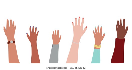 Crowd With Hands Up Vector. Multi Ethinic Audience Simple Illustration. Women and Men.