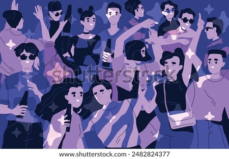 Crowd of hanging out people. Group of young happy friends chatting and drinking alcoholic beverages at party in nightclub. Characters having fun at event or holiday. Flat vector illustration