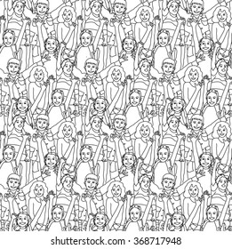 Crowd happy children black and white seamless pattern. Monochrome vector illustration. EPS8