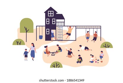 Crowd Of Happy Children Spending Time At Outdoor Playground Vector Flat Illustration. Kids Playing With Toys In Sandbox, Swinging, Having Fun At Playhouse And Communicating To Each Other Isolated