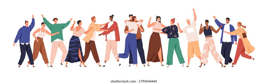 Crowd of happy diverse hugging people. Concept of friendship day, unity. Celebration or congratulation of multiracial students or friends. Hugs flat vector cartoon illustration isolated on white.