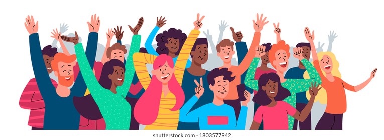 Crowd of happy diverse multiethnic celebrating people, poster or banner with crowd taking photos selfie with phones, screaming shouting and waving hands, flat vector illustration isolated on white