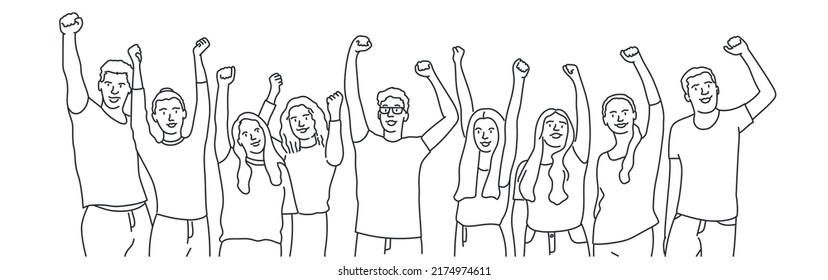 Crowd of happy diverse multiethnic celebrating people waving hands. Hand drawn vector illustration. Black and white.