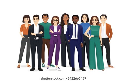 Multitud de jóvenes empresarios multiétnicos felices uniéndose. Ilustración vectorial aislada