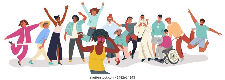 A crowd of happy diverse welcoming, cheering young people. The concept of a day of friendship, unity. Celebrating or congratulating multiracial students or friends. Flat vector hand drawn illustration