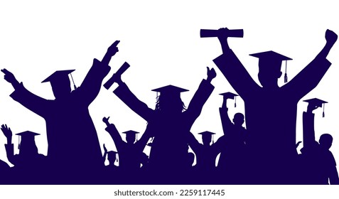 Crowd of happy graduate students in graduation academic caps. Cheerful people silhouette. Graduation party. Vector  illustration.