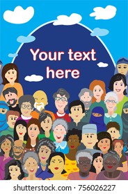 A crowd of happy and healthy people of different ages, nationalities, religion. Vector design of template for text. 