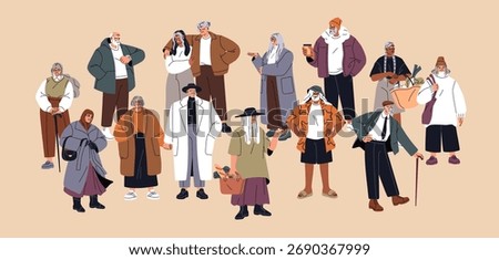 Crowd of happy old people is standing together. Group of senior men and women in fashion clothes with bags and canes. Diverse elderly hold hands, hug and smile. Flat isolated vector illustration