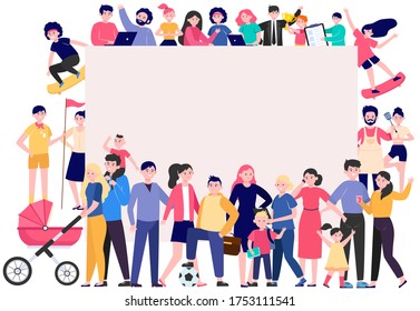 Crowd of happy people with blank placard flat vector illustration. Cartoon multicultural men and women standing together. Community, society and population concept