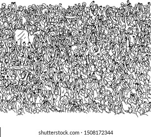 crowd of happy people cheering on stadium vector illustration sketch doodle hand drawn with black lines isolated on white background