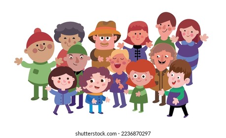 Crowd of happy people, children and adults, men and women. Holiday, carnival. Funny isolated cartoon style characters on white background. Vector illustration.