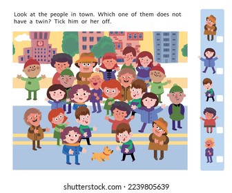 Crowd of happy people. Find differences. Educational game for children. Cartoon style puzzle. Vector illustration.