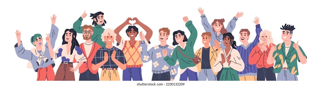 Crowd of happy people group. Cheering and ovation concept, friendship and greetings. Characters clap hands, applaud, standing with raised hands, young men and women having fun or celebrating success