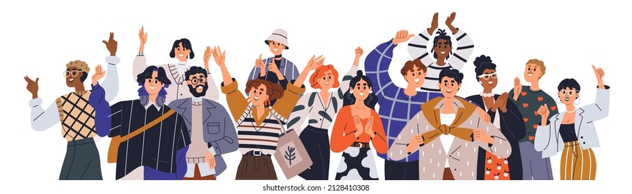 Crowd of happy people group, welcoming and applauding. Active fans audience with hands up standing together. Young men and women yelling at event. Flat vector illustration isolated on white background
