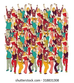 Crowd happy people isolate on white. Group of active happy people team isolated on white. Color vector illustration. EPS 8