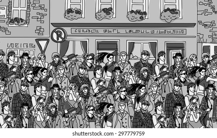 Crowd happy people on the street monochrome. Big group fashion people walking on the abstract street. Black and white vector illustration.