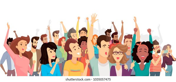 Crowd of happy people poster, banner with crowd taking photos with phones, screaming and shouting, hands up, vector illustration isolated on white