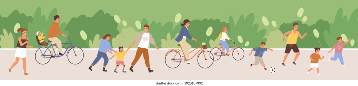 Crowd of happy people in public park. Lot of active adults and kids riding bicycles, jogging and playing in summer. Outdoor leisure activities at weekend. Colored flat cartoon vector illustration