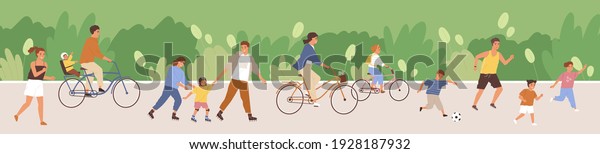 Crowd of happy people in public park. Lot of\
active adults and kids riding bicycles, jogging and playing in\
summer. Outdoor leisure activities at weekend. Colored flat cartoon\
vector illustration