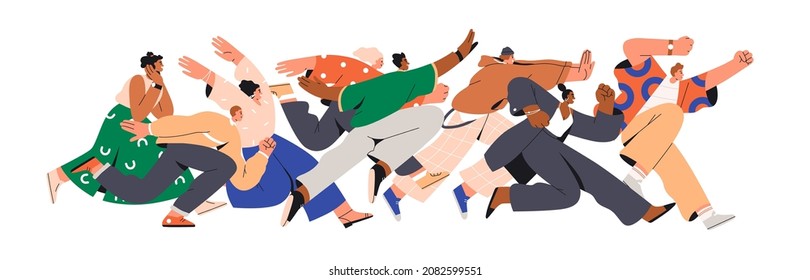 Crowd of happy people running fast. Group of excited men and women buyers hurrying and hunting for sales. Mad fans following and chasing for smb. Flat graphic vector illustration isolated on white
