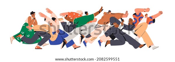 Crowd of happy people running fast. Group of\
excited men and women buyers hurrying and hunting for sales. Mad\
fans following and chasing for smb. Flat graphic vector\
illustration isolated on\
white