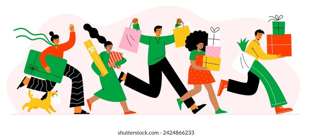 A crowd of happy people is running with gifts. Excited men and women with boxes, bags, and gift cards. Vector flat illustration on a white background.