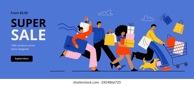 A crowd of happy people is running with purchases. Sale, shopping goods with low prices, and consumerism concept. Vector flat illustration for web banner, or promo.