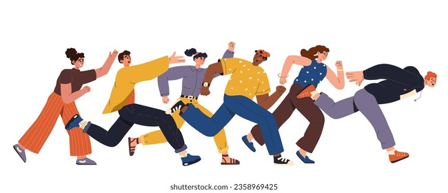 A crowd of happy people runs quickly. Crazy people overtake each other. A group of excited male and female shoppers, rushing and hunting for sales. Flat  illustration isolated on white background