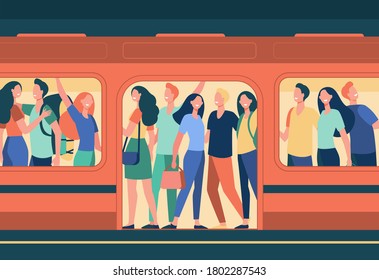 Crowd of happy people travelling by subway train. Passengers standing in overcrowded subway car at station. Cartoon illustration for overpopulation, rush hour, public transport, commuters concept