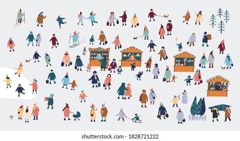 Crowd of happy people in warm clothes in winter park. Christmas market or holiday outdoor fair on town square. People walking near decorated stalls or kiosks.  Winter outdoor activities