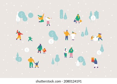 Crowd of happy people in warm clothes in winter park. Winter outdoor activities background - skating, skiing, throwing snowballs, building snowman. Flat Vector design, fully editable. 