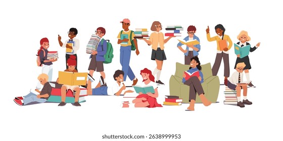Crowd of happy smart children cartoon student characters with books back to school together vector illustration. Group of clever boys and girls bookworms enjoying studying vector illustration