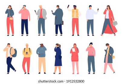 Crowd holding smartphone. Walking and standing people texting, checking social media and talking on phone. Modern flat characters vector set. Man and woman in casual outfit with gadgets