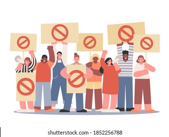 Crowd holding stop sign and Megaphone for protest Injustice. Illustration about meeting was Mob of people who disagree or Anti and fight Injustice and bad policy.
