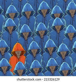 crowd of hooded. one man of the crowd