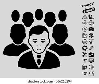 Crowd icon with bonus aircopter tools pictograph collection. Vector illustration style is flat iconic black symbols on light gray background.