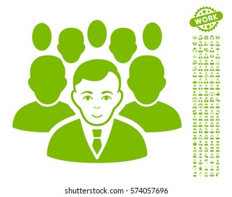 Crowd icon with bonus occupation design elements. Vector illustration style is flat iconic eco green symbols on white background.