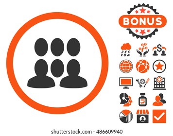 Crowd icon with bonus pictogram. Vector illustration style is flat iconic bicolor symbols, orange and gray colors, white background.