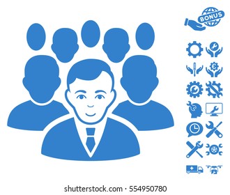 Crowd icon with bonus service images. Vector illustration style is flat iconic cobalt symbols on white background.