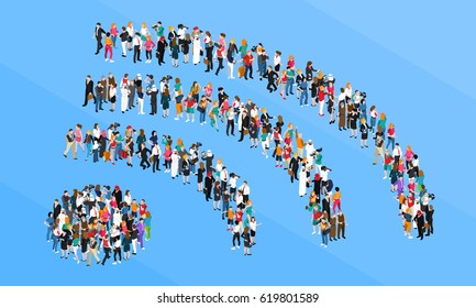 Crowd including businessmen and reporters standing in form wifi sign isometric concept on blue background vector illustration