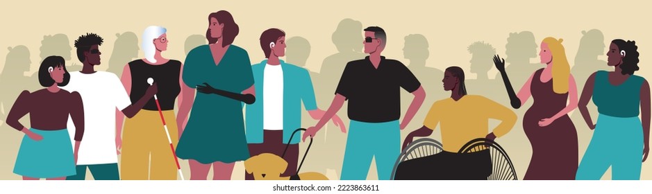 Crowd of inclusive people with disabilities, flat vector stock illustration with variety of disabilities and silhouettes