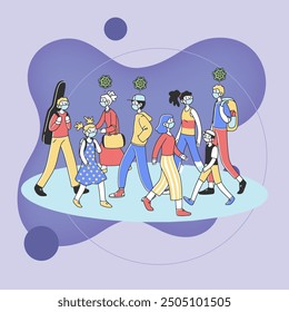 Multitud de personas infectadas y sanas fuera durante el brote del virus. Hombres y mujeres protegiéndose con mascarillas médicas. Ilustración vectorial para el concepto de coronavirus, cuarentena, seguridad e infección