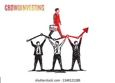 Crowd investing, teamwork, investment, business concept art sketch. Vector hand drawn illustration.