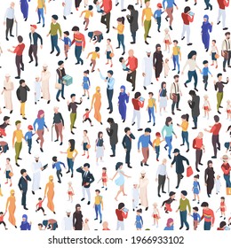 Crowd Isometric. Various Nationalities And Ages Male And Female Persons Demographic Group Garish Vector Business Concept Seamless Background