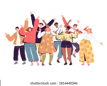 A crowd of joyful people with their hands up. Young men and women laugh and greet by waving their hands. The concept of friendship, success and teamwork