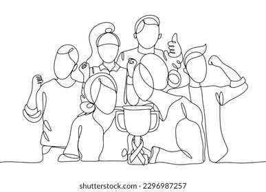 A crowd of joyful people who defeated oncology. People with a cup symbol of victory. The stem of the goblet is wrapped with anti-cancer tape. Cancer Survivor Day. One line drawing for different uses.