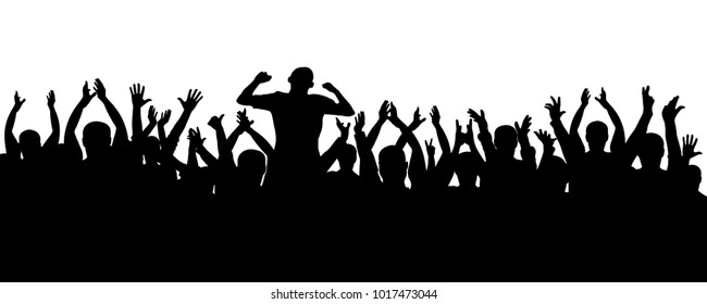 Crowd of jubilant people silhouette. Sports fans. People applaud. Concert, party, disco