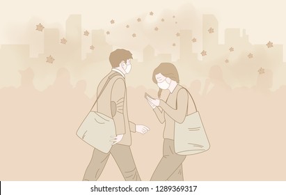 Crowd in large city gets air and dust pollution warning,People are advised to avoid staying outdoors,Vector cartoon illustration.